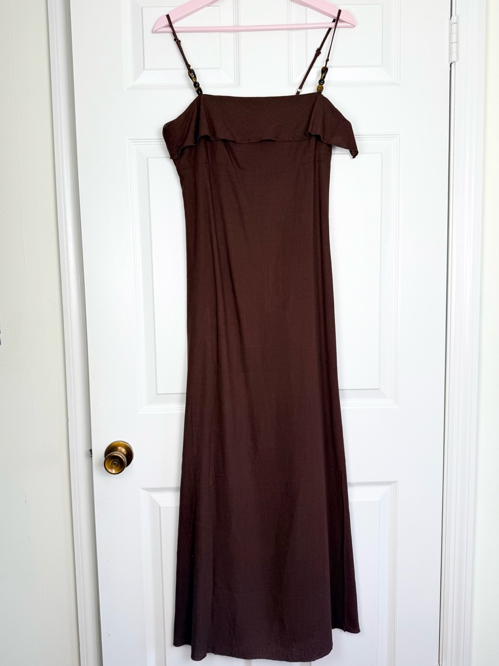 NWT Paper Heart LINEN Blend Chocolate Brown Maxi Dress with Adjustable Straps M